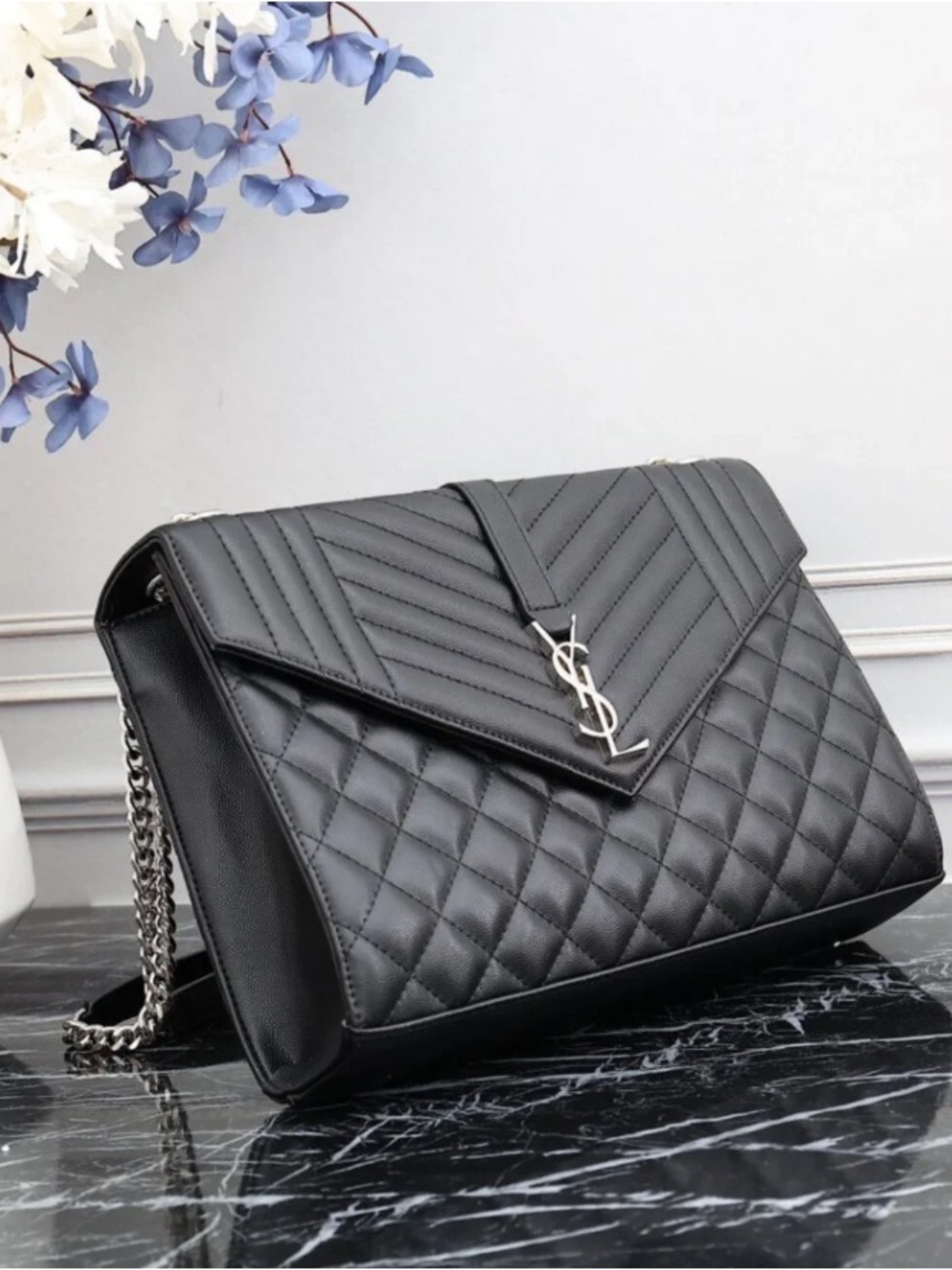 Black Quilted Leather Shoulder Bag with Silver YSL Accent